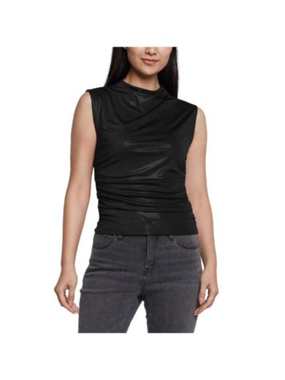 Express Metallic Black Ruched Sleeveless Mock Neck Blouse